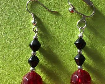 Handmade red crystal and black bicone bead earrings