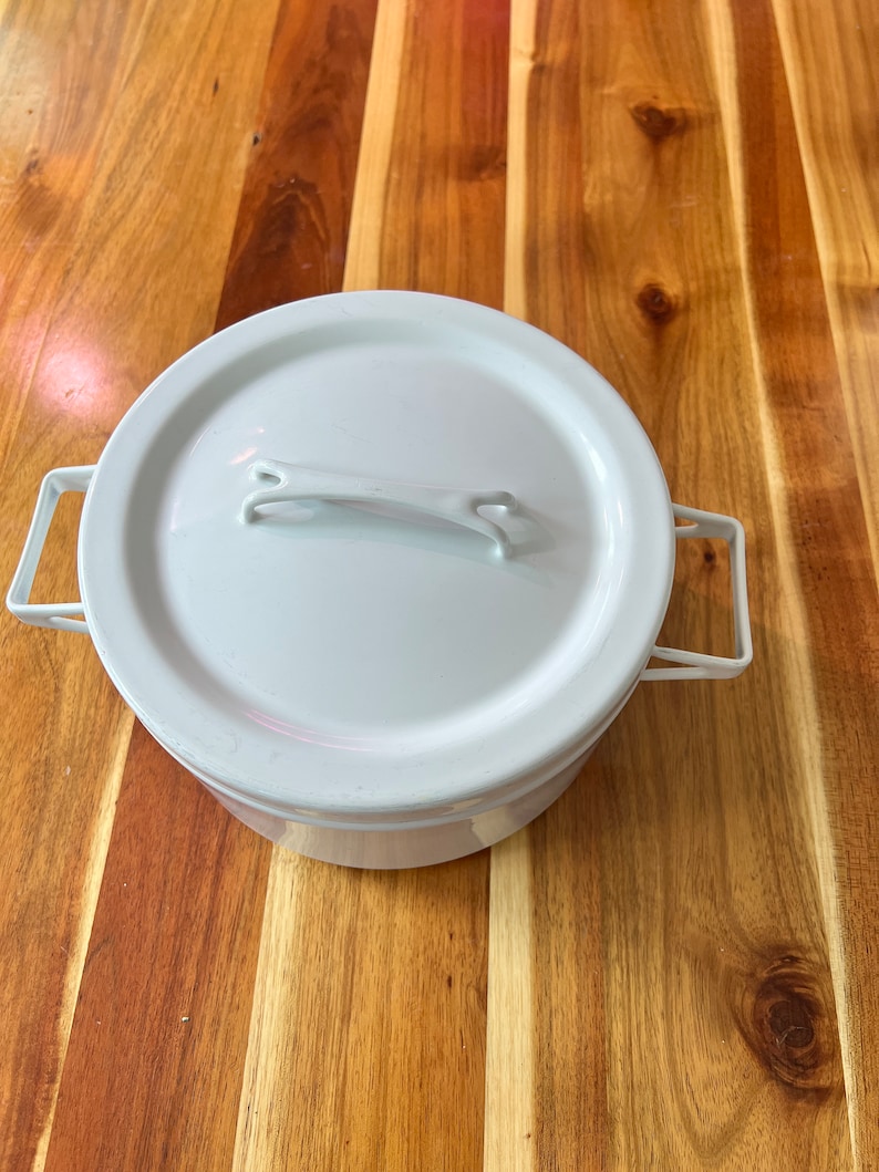 Puede incluir: Olla de esmalte blanco con tapa y dos asas. La olla tiene un acabado de esmalte blanco y un asa plateada.