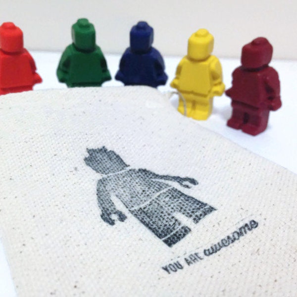 Lego Mini figure Inspired Crayons  Five Pieces with Handmade Canvas Bag