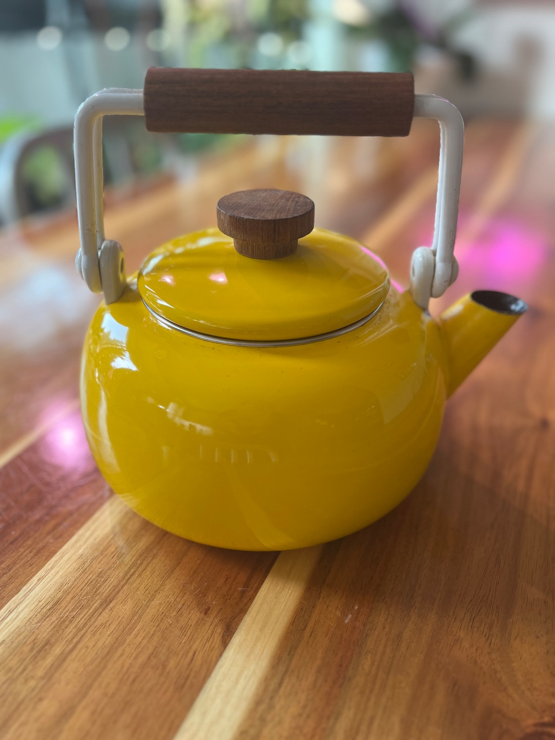 Vintage Mustard Yellow Tea Kettle Pot Mid Century Wooden Handle Coffee