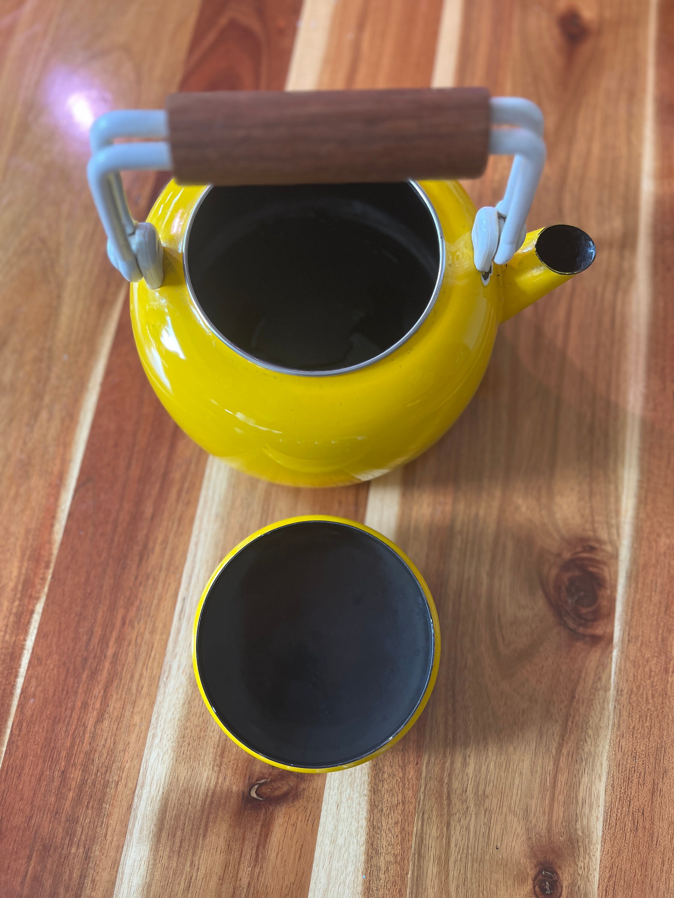 Vintage Mustard Yellow Tea Kettle Pot Mid Century Wooden Handle Coffee