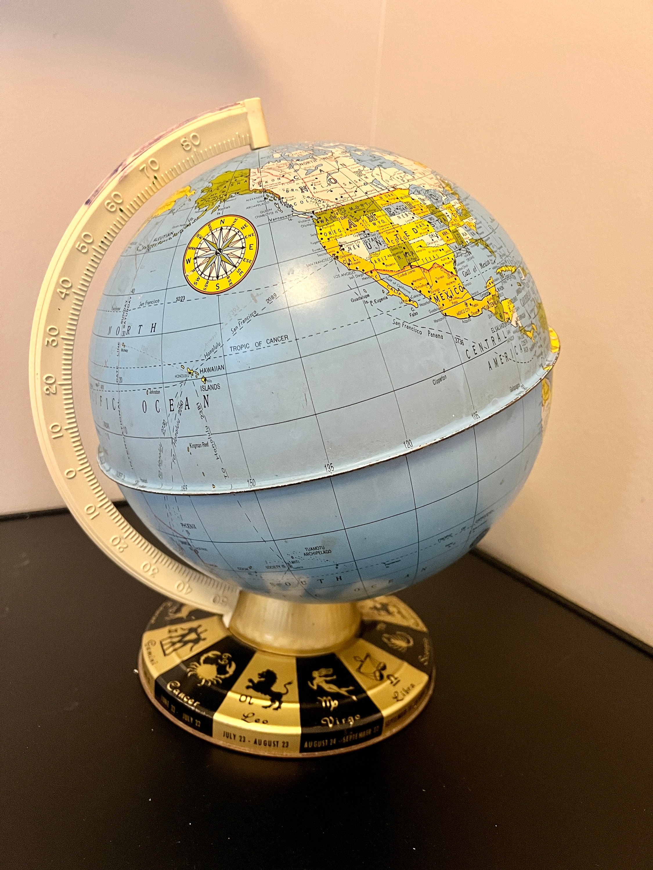 Vintage Metal World Globe With Zodiac Signs by the Ohio Art Co