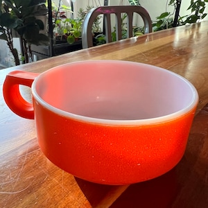 Vintage Glasbake Schüssel D Henkel Orange Flamme Suppe Chili Milchglas