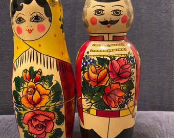 Pair of Vintage Matryoshka Bottle Holder, Rodnik Vodka, Russian Nesting Doll Wine Holder
