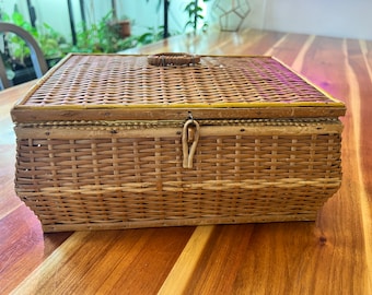 Vintage Czechoslovakia basket weave rattan sewing basket