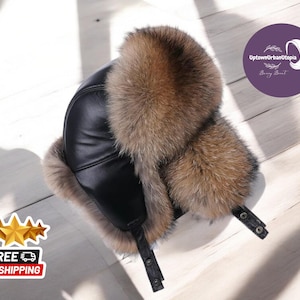 Unisex Winter Bombermütze | Angenehmes Silberfuchs Fell | Waschbär Pelzmütze | Leder Trapper Hut | Modische warme Skimütze