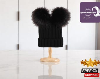 Double Pom Beanie Women, 2 Pom Faux Fur Knit Winter Warm  display picture 1