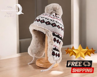 Gorro de invierno de punto cálido unisex / Gorra de esquí retro / Diseño de felpa con protección para los oídos / Gorro de lana acogedor / Accesorio para clima frío