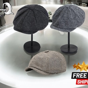 Men’s Newsboy Cap | Vintage Wool Flat Design | Classic Herringbone Baker Boy Hat | Peaky Blinders Style Gatsby Headwear | Winter Driver Hat