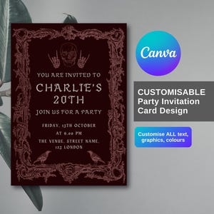 ゴシック レッドの誕生日招待状 - 編集可能な Canva テンプレート - パーティー招待状 - 電子招待状 - DIY カスタマイズ可能 - 印刷可能なダウンロード