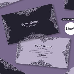 Modello biglietto da visita viola gotico - Modello Canva personalizzabile - Design modificabile - Stampabile fai da te - Download immediato