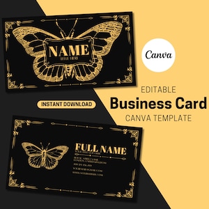 Luxury Black Gold Butterfly Business Card Template - Customisable Canva Template - Editable Design - DIY Printable - Instant Download