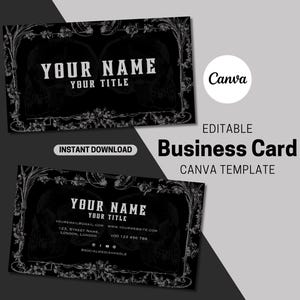 Plantilla de tarjeta de presentación gótica con flores y calaveras: plantilla Canva personalizable, diseño editable, diseño para imprimir, descarga instantánea
