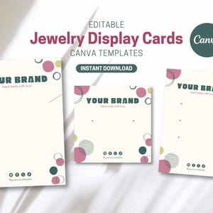Plantillas de Canva para tarjetas de presentación de joyas: círculos bohemios, empaques editables para collares y aretes, marca de joyería artesanal imprimible para hacer usted mismo
