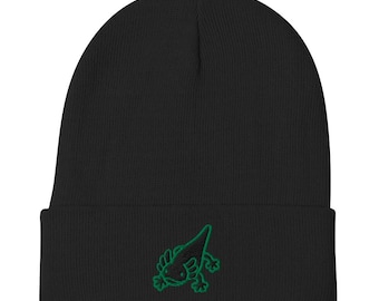 May include: Black beanie with a green embroidered axolotl design.