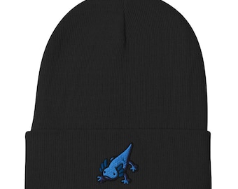 May include: Black knit beanie with a blue embroidered axolotl on the front.