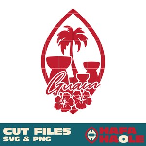 May include: Red silhouette of a palm tree, two traditional kava bowls, and hibiscus flowers inside a red outline of the island of Guam. The text "Guam" is written in a stylized font below the bowls.