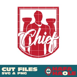 May include: Red and white graphic design with a silhouette of a person holding two trophies and the word "Chief" in white text.