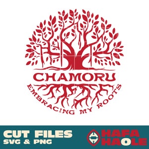 May include: Red graphic design of a tree with roots and the text "Chamoru Embracing My Roots".