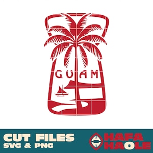 May include: Red silhouette of a palm tree with the word "GUAM" in a banner below. The silhouette is inside a red rectangle with a sailboat and a small island in the background.