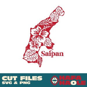 May include: Red silhouette of the island of Saipan with hibiscus flowers and leaves. The text "Saipan" is written below the island.