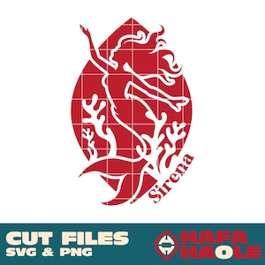 May include: A red mermaid silhouette design within a red oval, with the word "Sirena" in cursive. The design includes coral and the text "CUT FILES SVG & PNG" in white. The logo for "Hafa Haole" is also present.