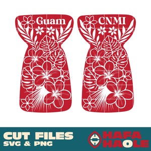 May include: Two red cut file designs with white floral and leaf patterns. One design has the word "Guam" and the other has "CNMI". The bottom of the image has the text "CUT FILES SVG & PNG".