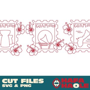 May include: Red line art of three Guam-themed postage stamps with hibiscus flowers. Each stamp features a different Guam icon: a latte stone, a sailboat, and the island's outline. The word "GUAM" is at the top of each stamp.
