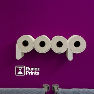May include: A white, wall-mounted toilet paper holder with four rolls of toilet paper. The holder is mounted on a purple wall. The word "poop" is spelled out with the toilet paper rolls. The logo for "Runez Prints" is in the lower left corner.