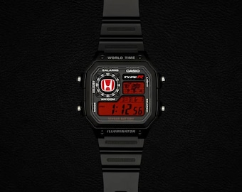 Honda Type R Inspired Casio Royale AE1200 Custom Digital Watch, Red Negative Display, Black Resin or Steel Bracelet