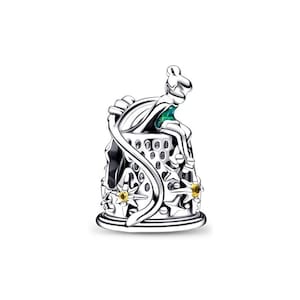 Op de afbeelding: Een zilveren bedel met een zittende figuur met een groene accent, mogelijk een fee, bovenop een geperforeerde structuur. De bedel heeft ster- en flesdetails met gele accenten, op een ronde basis. Het ontwerp is ingewikkeld en gedetailleerd.