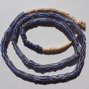 Antique Venetian Striped Pony/Cut cane Trade Beads, &quot;Greasy&quot; White w Blue stripes- 4.5-5.5mm - Strand
