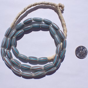 Antique Venetian Striped Melon Trade Beads, White w Brick/Turquoise - 13-15.5x6-6.5mm - strand
