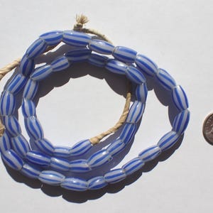 Antique Venetian Striped Melon Trade Beads, Milky White/Blue - 12-14x6-7mm - strand
