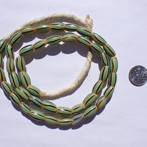 Antique Venetian Striped Melon Beads, Soft Yellow w Turquoise/Dark Brown stripes -10-14.5-6-7mm- strand