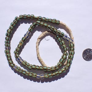 Antique Venetian Striped Pony Trade Beads, Soft Yellow with Turquoise/Dark Brown stripes - 6x12-15mm - str