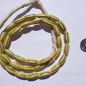 Antique Venetian Striped Melon Trade Beads, Yellow/Dark Cobalt/White - 14-17x5.5-6.5mm - strand