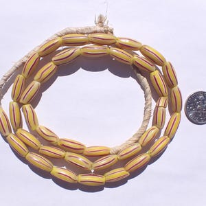 Antique Venetian Striped Melon Trade Beads, Yellow/White/Brick Red - 12-15x5.5-6.5mm - strand