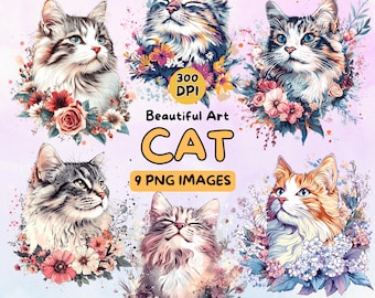 Cat Art Design Digital Download, Cat with Flower PNG, Cat Clip Art, 300 DPI, Commercial Use Illustrations, Cat Digital Design, Animal Art