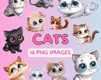 Katter Clipart-paket - 15 PNG Söta Katter PNG - Högkvalitativ Digital Konst - DIY-projekt - Kommersiellt bruk - Direktnedladdning