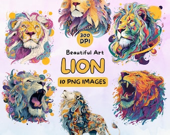 Lion Art Design Digital Download, Lion PNG, Lion Clip Art, 300 DPI, Ilustracje do użytku komercyjnego, Lion Digital Design, Wildlife Art