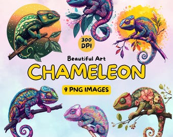 Chameleon Art Design Digital Download, Chameleon PNG, Reptile Clip Art, 300 DPI, Commercial Use Reptile Illustrations, Digital Design