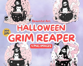 Cute Grim Reaper Digital Download - Halloween Grim Reaper PNG - 300 DPI - Commercial Use Illustrations - Digital Design - Clip Art