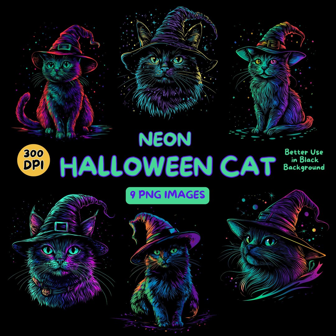 Neon Cat Wearing a Witch Hat Digital Art - Neon Halloween Cat PNG ...