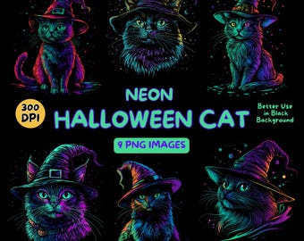 Neon Cat wearing a Witch Hat Digital Art - Neon Halloween Cat PNG - Neon Halloween Clipart - Halloween Art - Commercial Use Illustrations