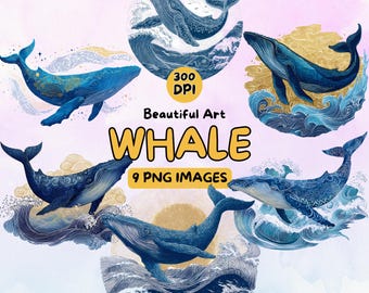 Diseño de ballena azul (descarga digital), ballena PNG, clip art de ballena, 300 DPI, ilustraciones para uso comercial, diseño digital, clip art del océano