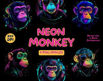 Neon Monkey Digital Art - Neon Monkey PNG - Neon Monkey Clipart - Colorful Art - Commercial Use Illustrations - Digital Design - Clip Art