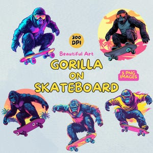 Gorilla on Skateboard Art Design Digital Download - Gorilla PNG - 300 DPI - Commercial Use Gorilla Illustrations - Digital Design - Clip Art