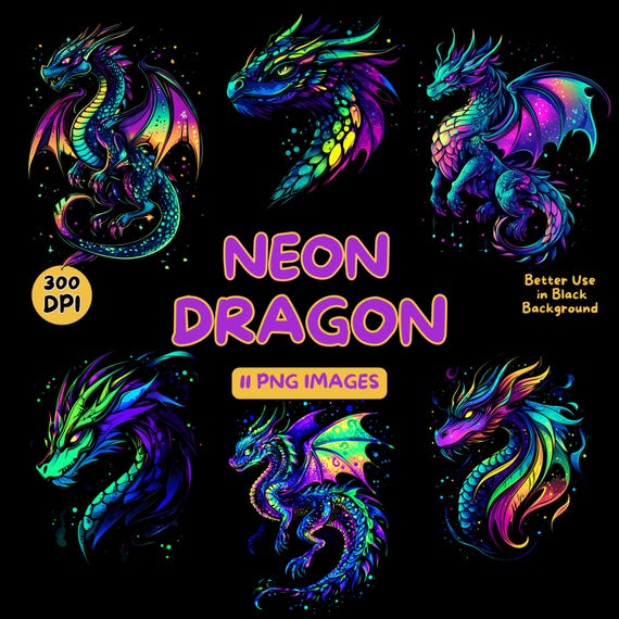 Neon Dragon Digital Art - Neon Dragon PNG - Neon Dragon Clipart - Colorful Art - Commercial Use Illustrations - Digital Design - Clip Art