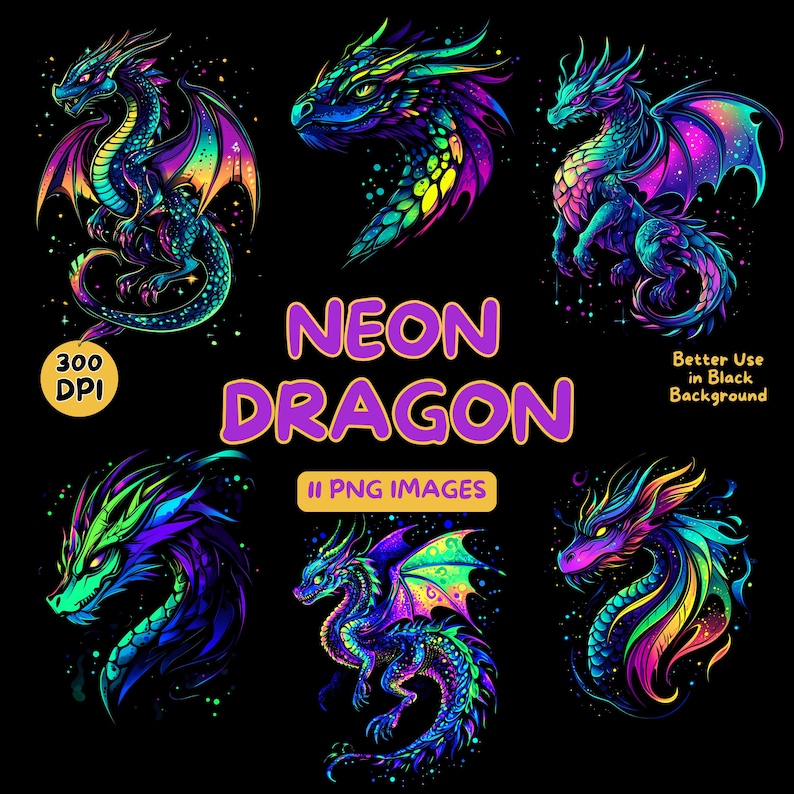 May include: A collection of neon dragon illustrations in vibrant colors, including blue, purple, green, and yellow. The image features the text "NEON DRAGON" and "11 PNG IMAGES" on a black background. The dragons have detailed scales and wings.